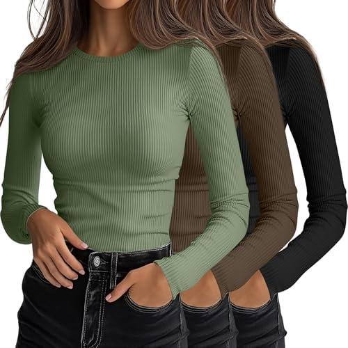 Ficerd 3 Pack Women's Ribbed Long Sleeve Tops, Crew Neck Slim Fit Undershirts Knit Basic Casual Stretch Layering Tee Shirts size L