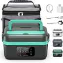 Electric Heated Lunch Box for Adults, EDCERATY Rechargeable 60W Self-Heating Food Warmer with 1L Stainless Steel Container, Fork, Spoon and Insulated Carry Bag for Work Men Car Truck(Grey+Green) (1Pack)
