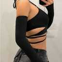 SHENHE Women's Criss Cross Strappy Wrap Crop Top Long Sleeve Halter Sexy Going Out Tshirt (Black, L)
