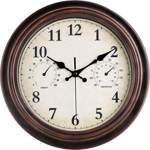 JoFomp Outdoor Clocks for Patio, Large 12 inch Outside Wall Clock Waterproof with Thermometer and Hygrometer Combo, Round Silent Battery Operated Wall Clock for Home, Pool, Garden (Red Bronze)