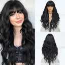 Black Wig for Women, Long Black Wavy Wig with Bangs 26 Inch Wigs Natural Looking Heat Resistant Synthetic Wig for Daily Party Use