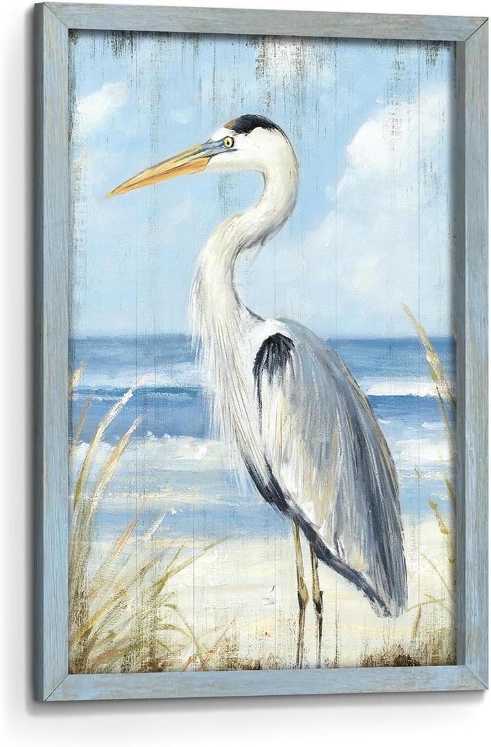 Heron Wooden Framed Wall Art: Coastal Beach Sea Bird Seascape Prints Artwork Blue Ocean Seashore Painting Picture for Bathroom Bedroom Home Office 11 x 16 Inch