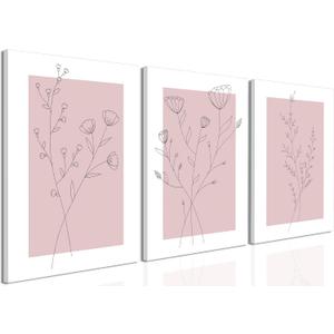 WARTHZ Pink Flower Wall Art Light Pink and White Botanical Line Pictures Wall Decor Painting Set of 3 Floral Plant Poster Canvas Print for Girl Bedroom Living Room Framed 16x24 inch