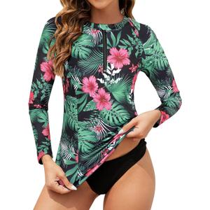 Tanst Sky Long Sleeve Bathing Suits for Women, Women's Sun T Shirt Quarter Zip Crewneck UPF 50+ UV Protection Rash Guard Ladies Quick Dry Maillot Femme Athletic Swimsuit Floral Green Small