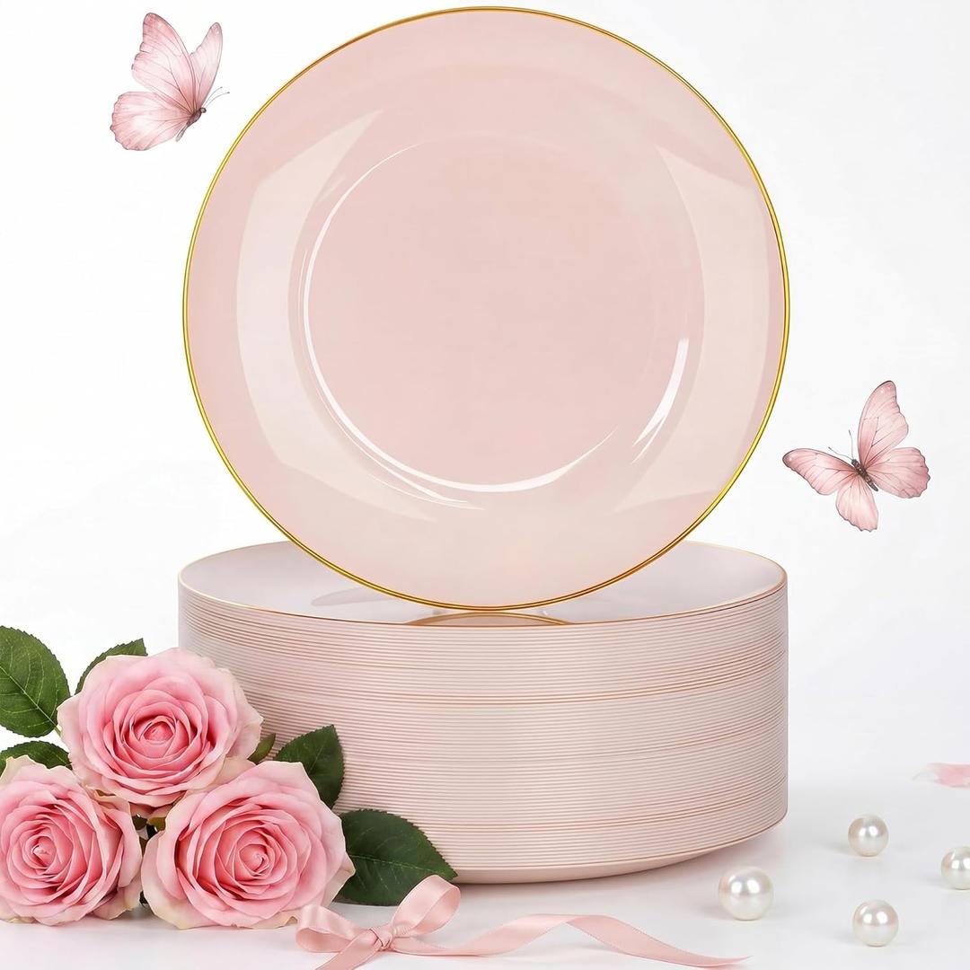 Nervure 100PCS Pink and Gold Plastic Plates - 10.25 inch Pink Disposable Plates with Gold Rim - Party Plate - Dinner Plate Ideal for Wedding & Party & Mother's Day