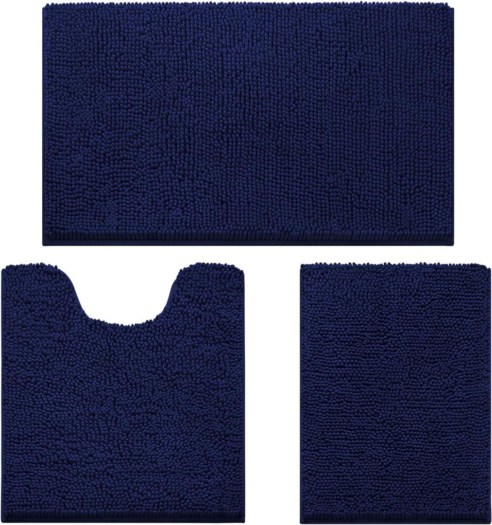 HOMEIDEAS 3 Pieces Bathroom Rugs, Ultra Soft Non Slip Absorbent Chenille Toilet Bath Mat Set (Navy Blue) (17"x24"+20"x32"+U Shape 20"x24")