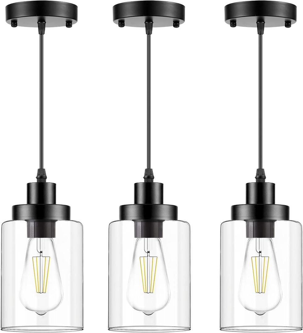 Industrial Pendant Lighting, Modern Clear Glass Shade Farmhouse Adjustable Hanging Light Fixtures for Kitchen Island Living Room Bedroom Hallway, 3-Pack (Black)
