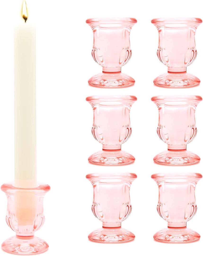 XXXFLOWER Candle Holder Taper Candle Holders Glass Candlestick Holders for Valentine's Day Wedding Party Birthday Holiday Dcor Candelabra for Table Centerpiece Home Decor Gift(6 Pcs,Pink)