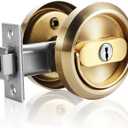 Pocket Door Lock with Key, Round Recessed Pocket Door Latch with Hidden Pull Ring, 2-3/8" Backset (1 Pack Gold)