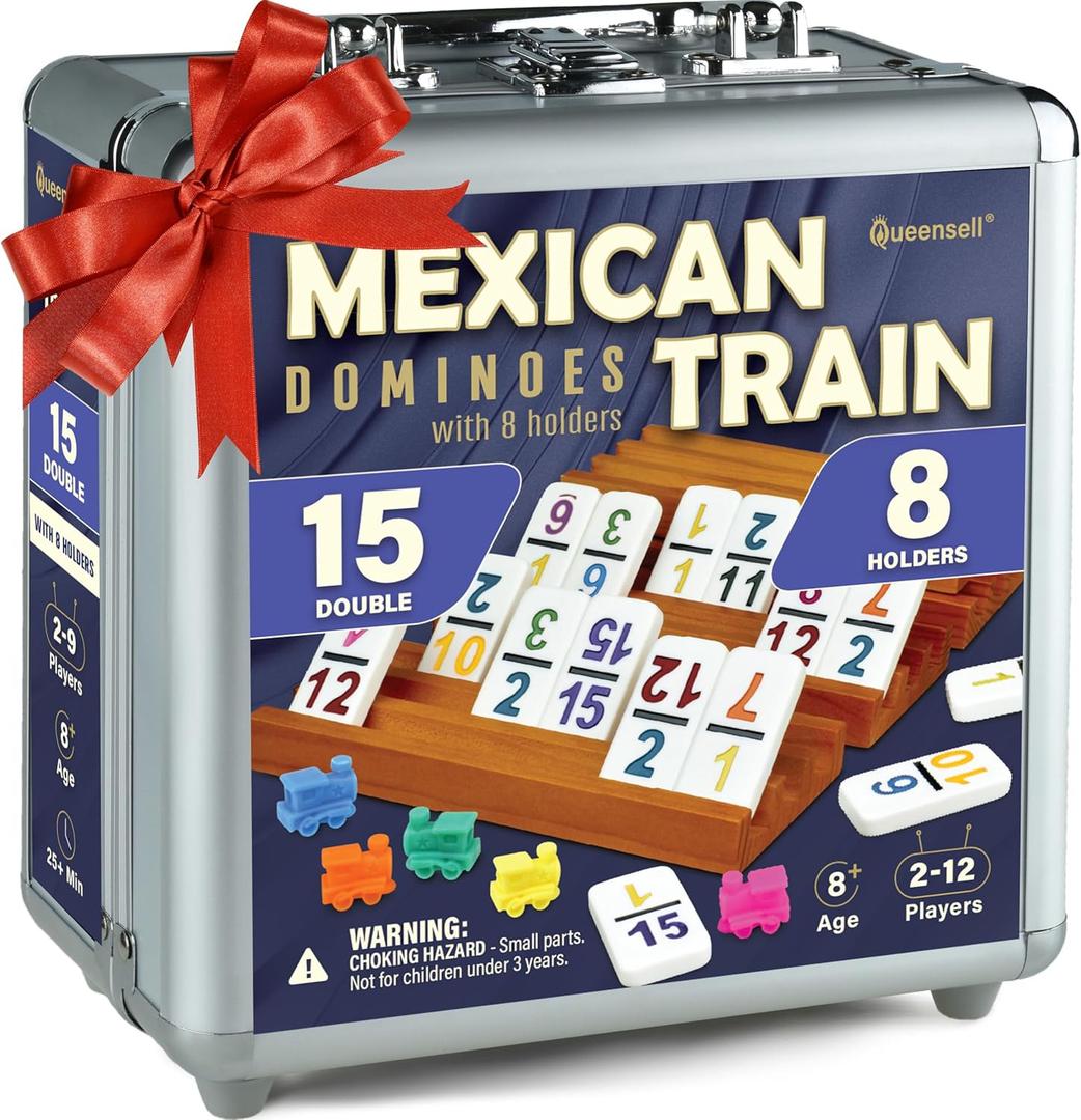 Queensell Mexican Train Dominoes Set Double 15 with Numbers - Dominoes Set for Adults and Family  136 Tiles, 9 Trains, Wooden Hub, 8 Tile Holders, Aluminum Case (D15 Numbers + 8 Holders)