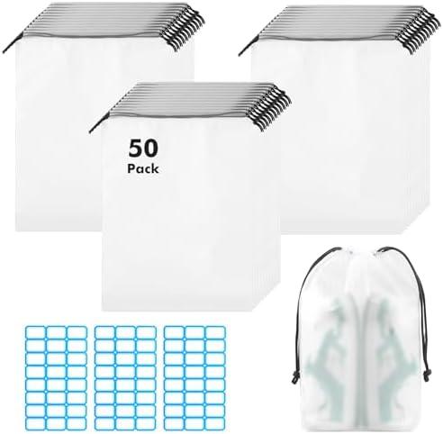 50 Packs Translucent Shoe Bags for Travel 15.7" x 11.8" Portable Drawstring Bags Bulk with label Stickers Waterproof Travel Shoe Bags for Packing Plastic Dustproof Shoe Storage Bags for Men and Women