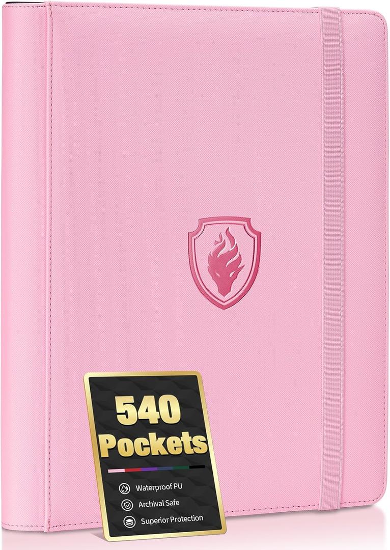 Premium 9 Pocket Card Binder for 540 Cards, Fabmaker PU Cover Trading Card Binder, Sturdy Card Collection Album, Sleek Card Holder Folders for Game Cards & Sports Cards, Pink