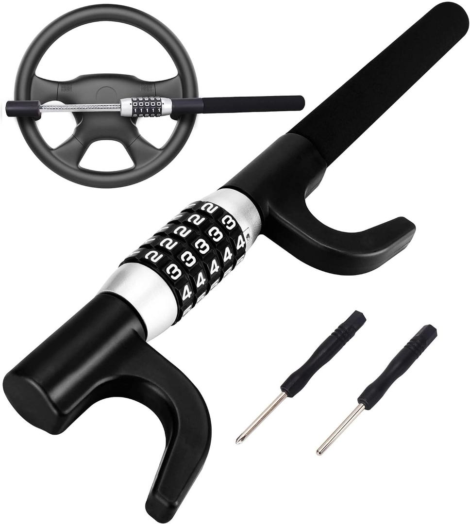 Tevlaphee Steering Wheel Lock, Car Lock Anti Theft Keyless Extendable Retractable Password 5 Coded Combination Lock, Heavy Duty Universal Fit (Black)