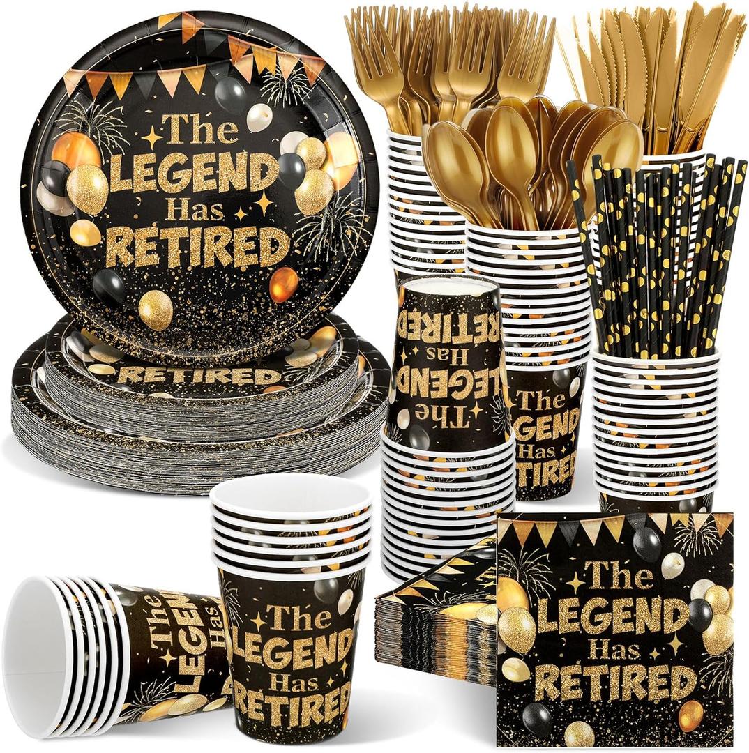 218 Pcs Retirement Party Decorations for Men Women the Legend Has Retired Decoration Disposable Tableware 7 Inch 9 Inch Happy Retirement Party Plates Napkin Knives Fork Spoon for 24 Guest(Black Gold)