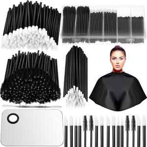 Maitys 260 Pieces Disposable Makeup Tools Kit, Eyeliner Brushes Mascara Wands Lipstick Applicators Plastic Organizer Box Short Waterproof Cape Stainless Steel Makeup Palette, Spatula(Black)
