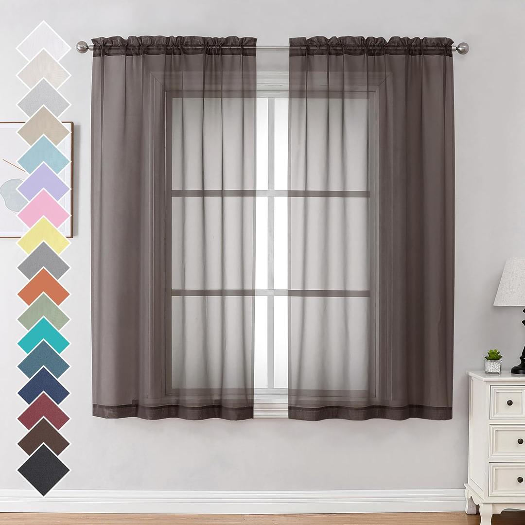 OVZME 2 Panels Sheer Curtains 63 Inches Long Light Weight Soft Voile Drapes, Window Curtain Sheers Elegant Rod Pocket Top for Basement Kitchen Bedroom Living Room, Each is 42W x 63L, Brown Chocolate