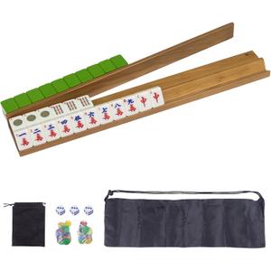 Wooden Mahjong Racks Set with Detachable Magnetic Pushers, 4 Racks & 4 Pushers, Includes Chips, Dice & Storage Bags Mahjong Tile Holders for Family Game Nights