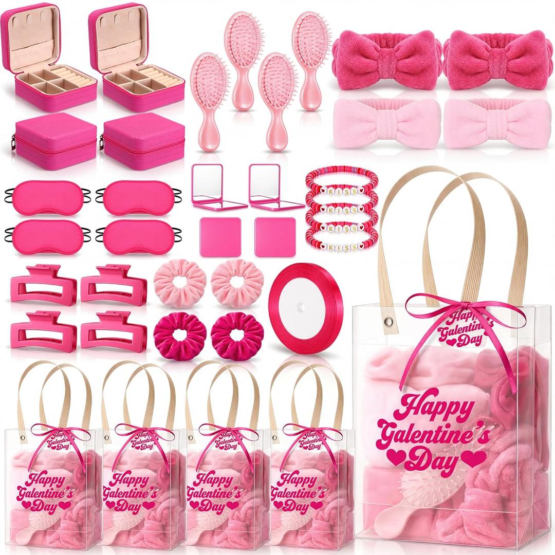 Reginary 41 Pcs Galentine's Day Gift for Women Valentines Rose Pink Gift Bag 4 Sets, Jewelry Boxes Scrunchies Headbands Mirrors Happy Galentine's Day Cards for Friend Bestie Valentine Party Favors