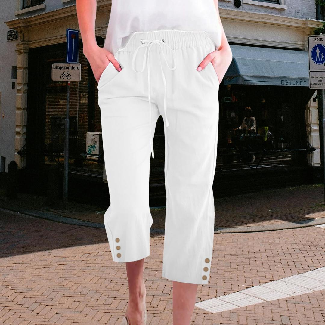 Womens Summer Capris Pants Causal Drawstring Elastic Waist Pants Lightweight Trousers Buttons Trim with Pockets White, 2XL