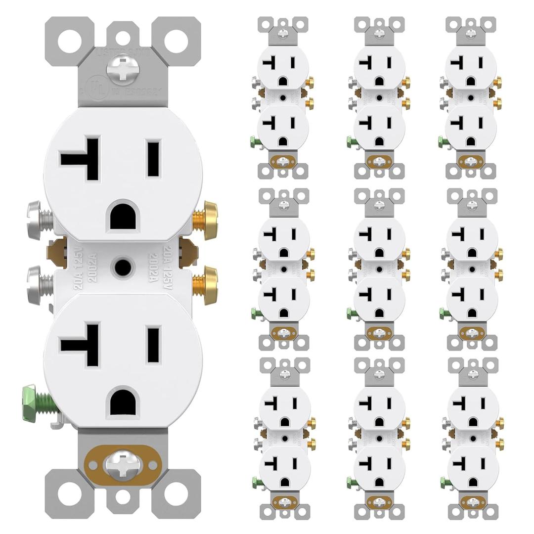 AIDA 20 Amps Outlets Duplex Electrical Receptacle Outlets, Electrical Outlet, 20Amp 125V Heavy-Duty Wall Outlet, Residential, 3-Wire, Self-Grounding, UL Listed, Side Wire (10 Pack, White)