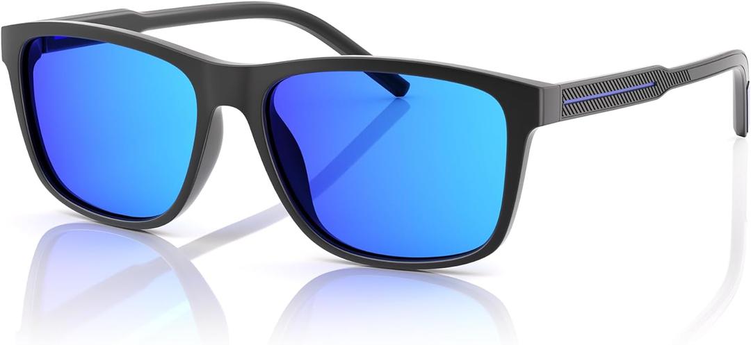 Polarized Sunglasses for Mens Womens - Lightweight Matte Finish Sun Glasses,Line Patterned Sunglass (Black Frame Blue Legs Blue Mirrored Lenses)