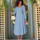 ZESICA Women's Long Sleeve Midi Dresses 2026 Fall Square Neck Swing A Line Wedding Guest Evening Prom Dress (Blue, L)