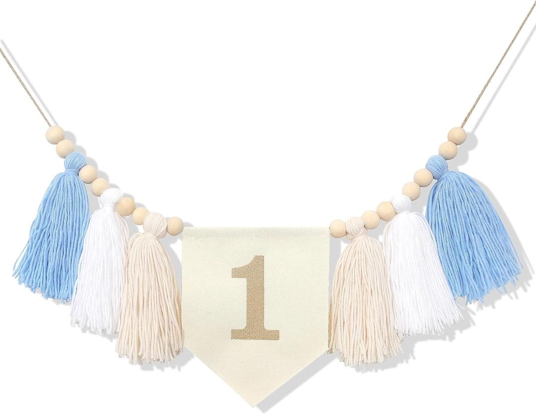 HGFC Embroidery Tassel High Chair Banner - Wood Bead 1st Birthday Banner,Sky Theme Party Decoration,Birthday Baby Boys Tassel Garland,Cake Smash Backdrop