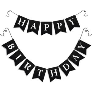 Black Happy Birthday Banner - Black Hanging Backdrop Sign With White Letters, Happy Birthday Sign Bunting Decorations For Men Women Kids Baby Shower Party Supplies (13pcs)
