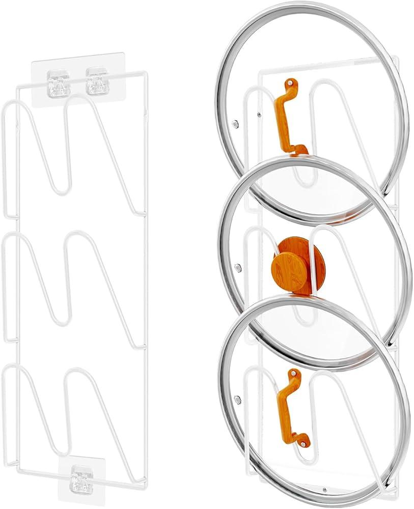 2 Pack Pot Lid Organizer Rack, 6-Tier Pot Lids Holder for Cabinet Door/Wall, No Drilling Adhesive Wall/Door Mounted Rustproof Pot and Pan Cover for Kitchen Storage, White