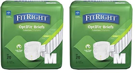 FitRight OptiFit Extra+ Adult Diapers with Leak Stop Guards, Disposable Incontinence Briefs with Tabs, Moderate Absorbency, Medium, 32"-42", 20 Count (Pack of 2)