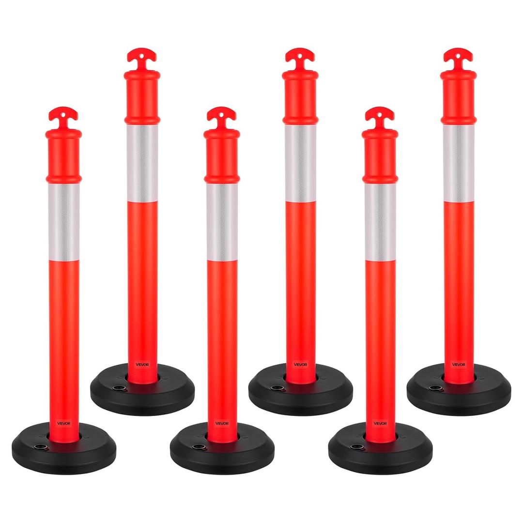 VEVOR Pack of 6 Traffic Delineator Posts, 48 inches Traffic Safety Cones with Fillable Base and Reflective Strips, Heavy Duty Delineator Posts for Construction Site, Parking Lot, Crowd Control, Red