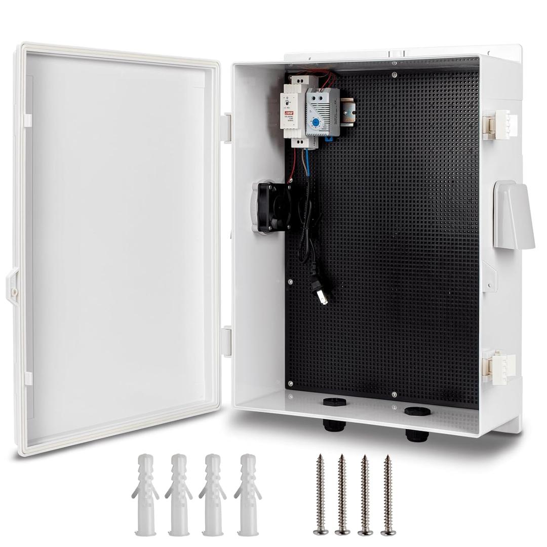 Outdoor Electrical Box with Thermostat and Fan, ABS Water Resistant Enclosure with Internal Mounting Panel & Hinged Cover, 18.1" H* 12.6" L* 6.3" W, Plug & Play.