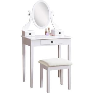 Roundhill Furniture Moniya White Wood Vanity Table and Stool Set (3415WH) Medium