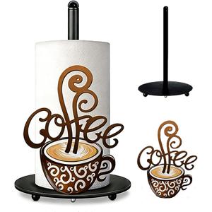 Coffee Themed Paper Towel Holder Countertop - Decorative Metal Paper Roll Stand with 3D Cup & Swirl Design, Weighted Base for Kitchen, Bar, Farmhouse Decor (Coffee)
