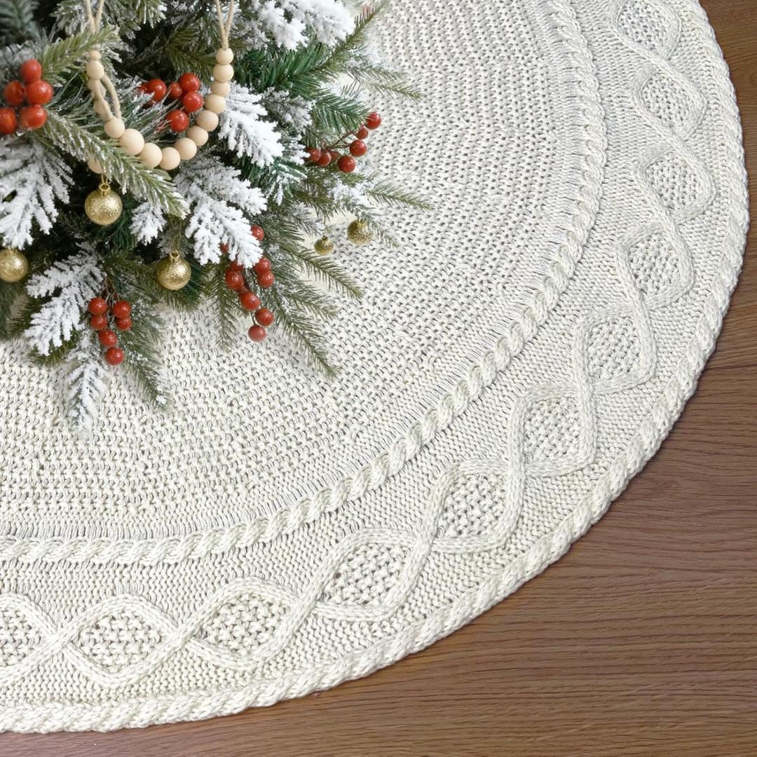 36 Inch Christmas Tree Skirt, Ivory White Knitted Tree Skirt, Vintage Rustic Farmhouse Christmas Decorations Home Party Holiday Xmas Ornaments