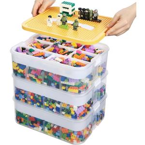 Douorgan Toy Storage Organizer for Lego Stackable Organizer Bins with Compartments Portable Containers with Lids Building Blocks Miniature Organizer Storage Box Toy Chest Case (Yellow, 3 Layers)