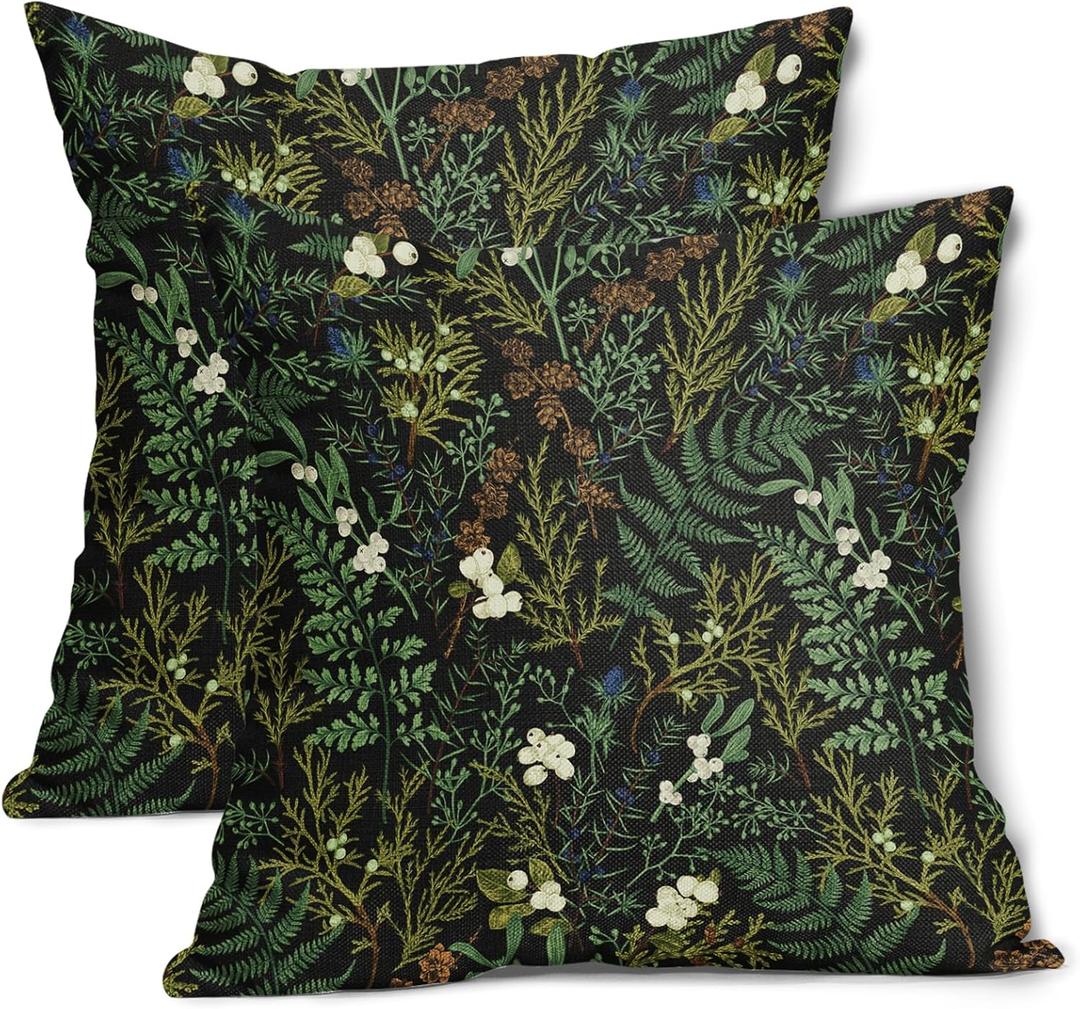 aportt Green Plant Pillow Covers 20X20 Inch Sage Green Botanical Fern Leaf Decorative Pillow Cases Spring Summer Vintage Floral Black Throw Pillows Set of 2 Farmhouse Home Decor for Room Couch Bed