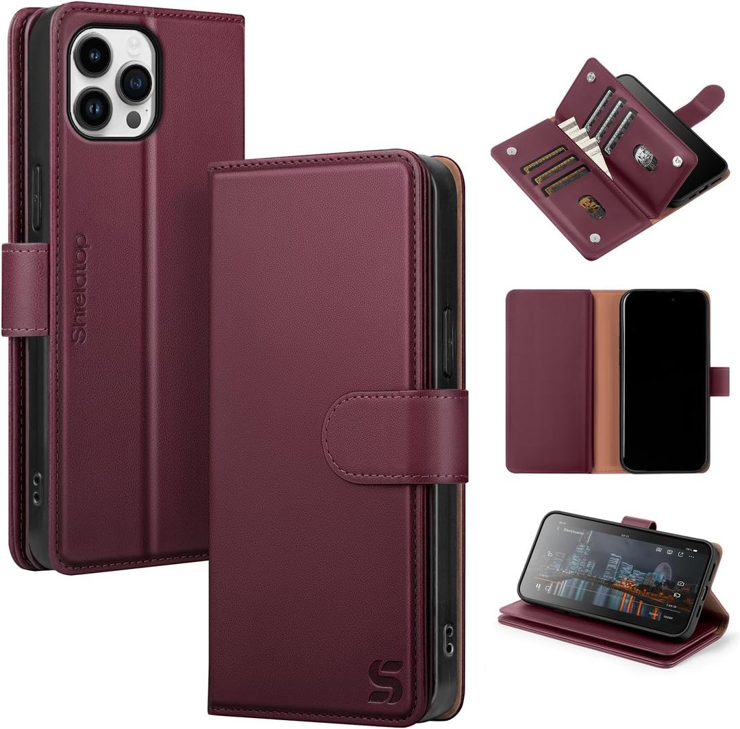 Shieldtop Compatible with iPhone 12 Pro Max Wallet Case with Card Holder,Women Men RFID Blocking PU Leather Folio Flip TPU Protective Cover Credit Card Slots,Phone Case for Apple 12 Pro Max,Wine Red
