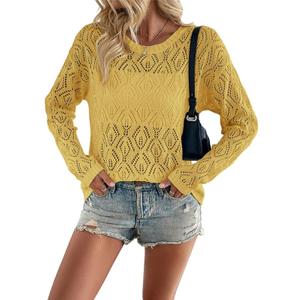 Allimy Light Sweaters for Women Summer Trendy 2026 Lightweight Cute Crew Neck Crochet Knit Thin Pullover Boho Beach Sweater Casual Long Sleeve Tops Shirts Fall Outfits Yellow S (Gold)