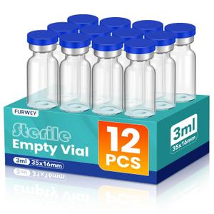 3ml Sterile Vials with Self Healing Injection Port and Sealing Cap, Glass Sterile Vials for Injections 12 PackEmpty Vial, No Liquid
