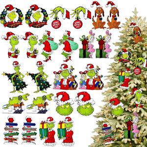 New 24 Pcs Christmas Tree Ornaments, 1 Pcs Christmas Decorations Hanging Sign with Rope, Wooden Green Small Xmas Tree Ornaments for Holiday Party Indoor Outdoor Christmas Tree Hanging Decorations