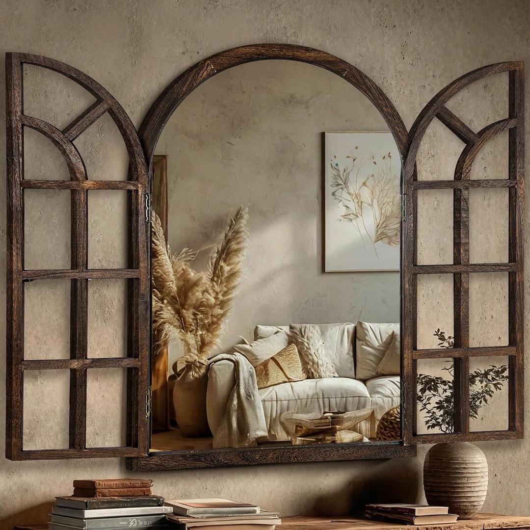 Arched Wall Mirror with Wood Window Frame, 40x28 Vintage Rustic Farmhouse Mirror for Wall, Living Room, Bedroom, Entryway(Brown)