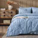 Sky Blue Comforter Set King Size Bed in A Bag 7 Piece Pinch Pleat Bedding Set, Pintuck Ruched Flowers Bed Set with Comforter, Sheets, Pillowcases & Shams