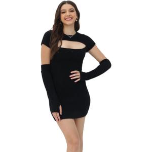 Short Sweater Dress for Women Cutout Sexy Bodycon Ribbed Knit Separate Sleeve 2025 Fall Winter (Black, L)