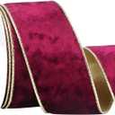 Ribbli Burgundy Velvet Wired Ribbon 2.5 Inch Metallic Burgundy Red Gold Crushed Velvet Christmas Ribbon for Gift Wrapping Christmas Tree Decoration Crafts Wreaths Supplies-Continuous 10 Yards