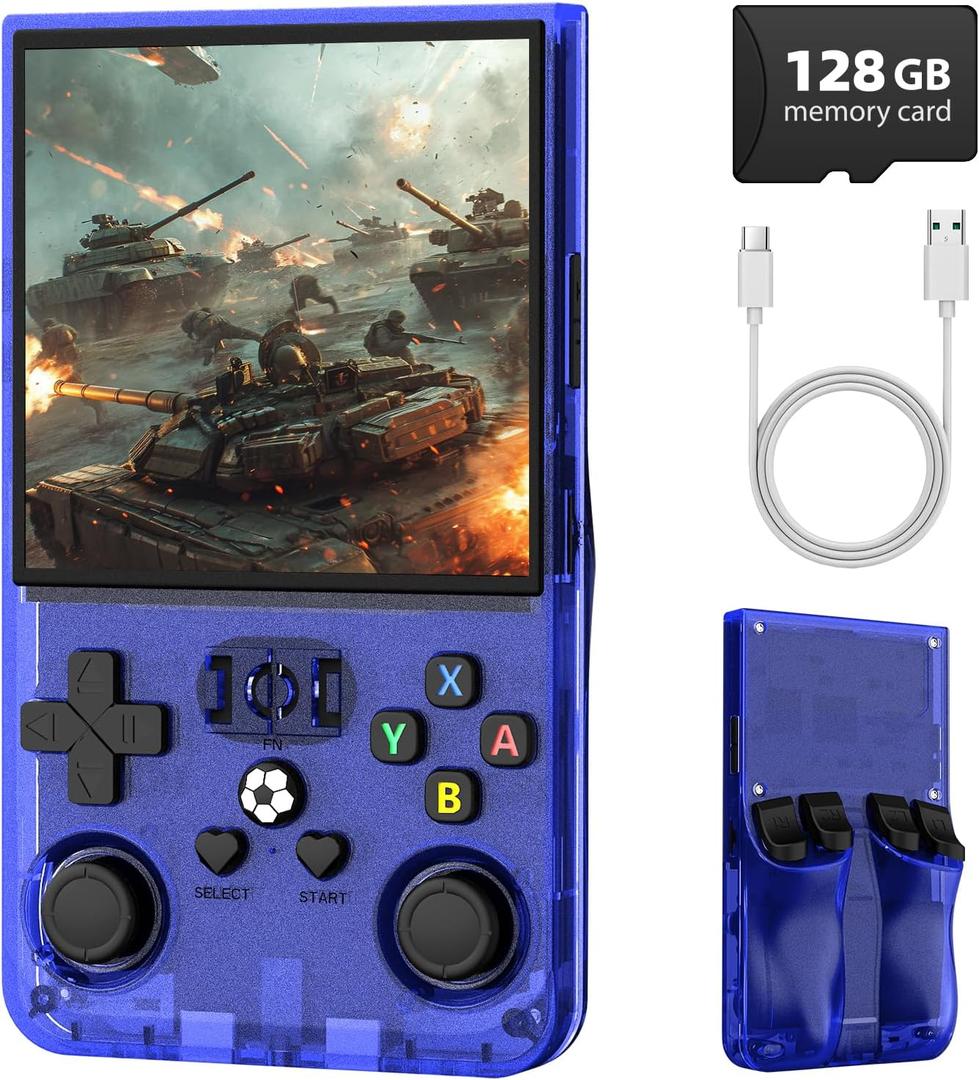 R36MAX Retro Handheld Game Console, 4.0 Inch IPS Screen Retro Gaming Console,Linux System, 4000mAh Battery Portable Pocket Mini Arcade, Built-in 128G,Lndigo Blue