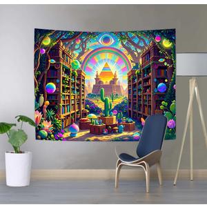 SHRAPHY Fantasy Library Tapestry Colorful Bookshelf Rainbow Plant Cactus Tapestries Gothic Aesthetic Art Wall Decor Tapestry for Bedroom 60x40 inches GTDWUH0022