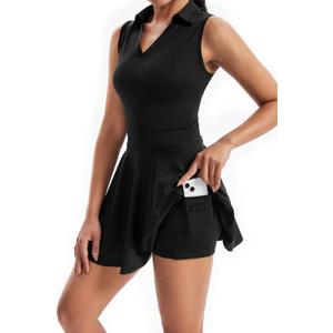 Cute Golf Tennis Dress Workout Athletic Dresses for Women with Shorts Pockets 2 Piece Sets Outfits Summer Clothes (Medium, Black)