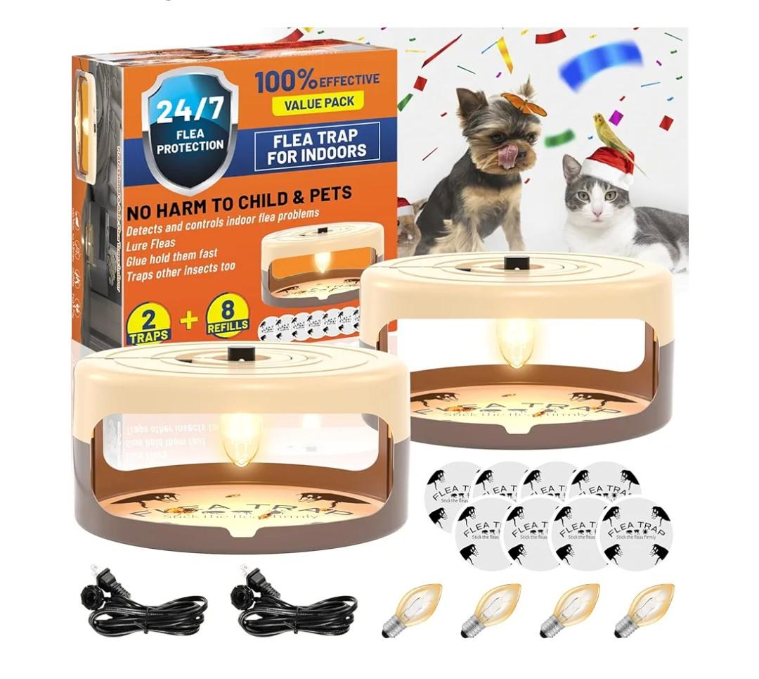 2 Pack Flea Traps for Inside Your Home, Indoor Flea Light, Bed Bug Killer with 8 Sticky Pads & 4 Light Bulb, Odorless Natural Insect Infestation Treatment Trap for Kid Pet