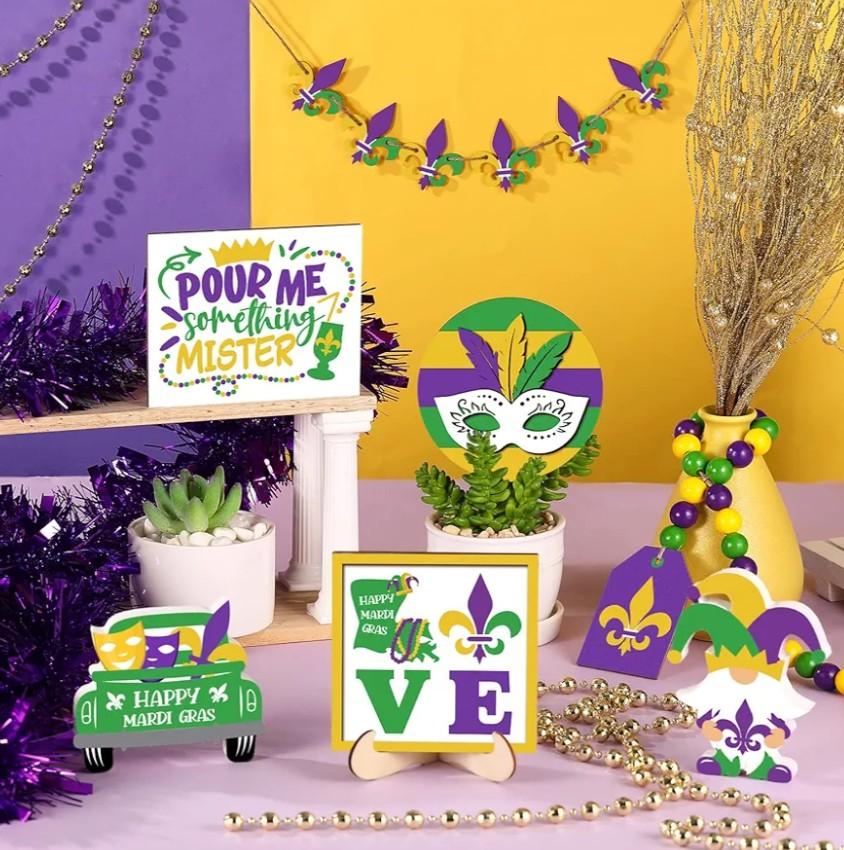 Kajaia 13 Pcs Mardi Gras Tiered Tray Decor Set Wooden Carnival Table Centerpiece Mardi Gras Tiered Tray Decorations Purple Gold Green Venetian Masquerade Mask Gnome Truck Signs for Home Kitchen Bar